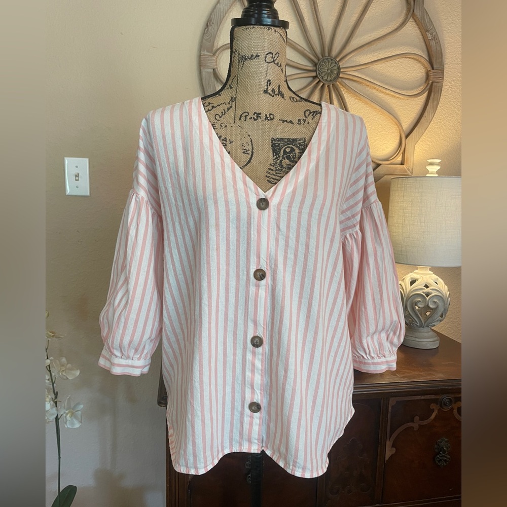 a.n.a Pink and White Striped Button-Up Top